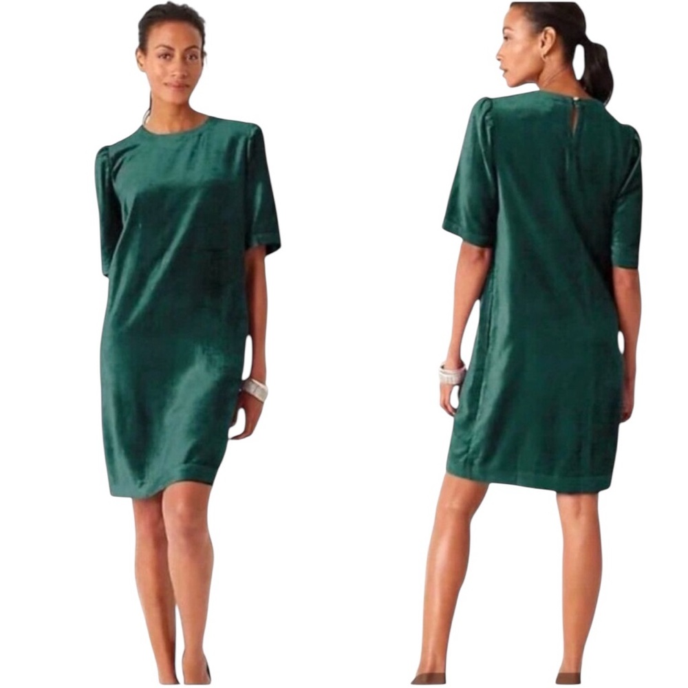 NWT! J. Jill Velvet Puff Sleeve Dress In Prussian Blue (Green)